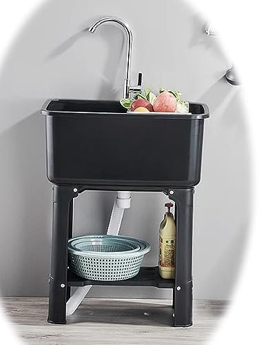 MJMLUCK Évier de Cuisine Industriel, évier Utilitaire extérieur, lavabo de Jardin avec Robinet, Panier de vidange, étagère pour Restaurant, Ferme (Couleur : Noir, Taille : 40 x 60 cm)