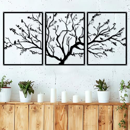 Pduoduo Large Tree Of Life Metal Wall Art Decor 3 Panels Tree Branch Ornament Hanging Sign Modern Branch Wall Decoration for home wall decor (15,7in x 35,4in)