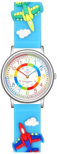 Alienwork Kids Lernuhr Kinderuhr Jungen Mädchen Silber Kautschuk-Armband Hellblau Mehrfarbig Kinder-Uhr Wasserdicht 5 ATM Zeit Lernen