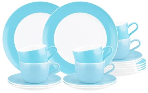 Seltmann Weiden Liberty Pure Colors Lagoon Blue Service à café 18 pièces, service à café coloré pour 6 personnes, vaisselle Mix & Match, passe au lave-vaisselle et au micro-ondes, porcelaine, bleu