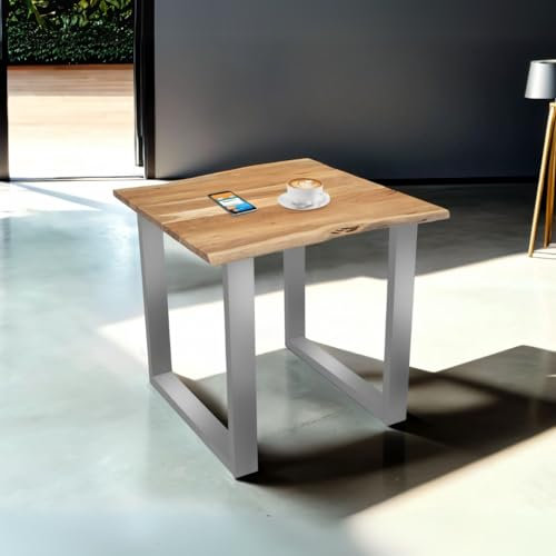 Bett11 Esstisch 80x80 cm naturfarben, Akazienholz massiv 26mm, U-Gestell Silber, Baumkantentisch aus Holz, Casa Massiva