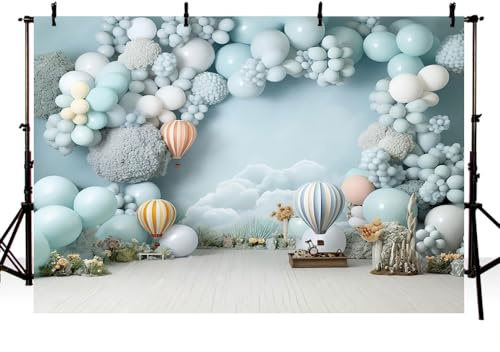 AIBIIN Toile de fond pour photographie de 2,1 x 1,5 m, ciel bleu, montgolfière, nuages, décoration de fête pour anniversaire, gâteau smash portrait, accessoires de studio photo