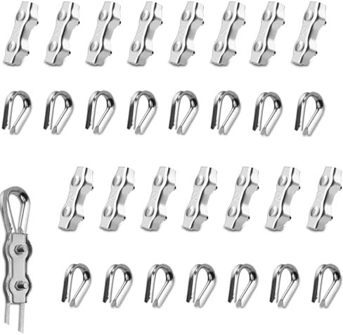 Fence Clips Cable Clamps - 30 PCS M3 304 Stainless Steel Wire Rope Grips with Thimbles, Heavy-Duty 3mm Wire Rope Clamps for Fencing, Clothesline, Awning, and Tensioner Fixings for Indoor Outdo