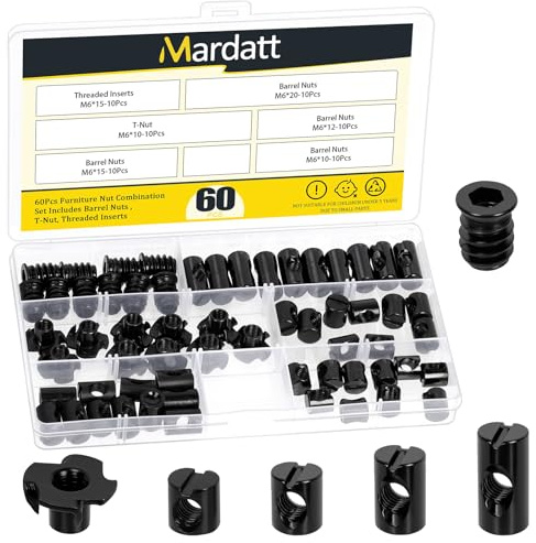 Mardatt 60 Stück M6 x 10/12/15/20mm Barrel Nuts Fassmutter Kit, schwarz verzinkter Kohlenstoffstahl KreuzDowels Schlitzfassmutter, M6 x 15mm Gewindeeinsätze mit M6 x 10mm T-Muttern