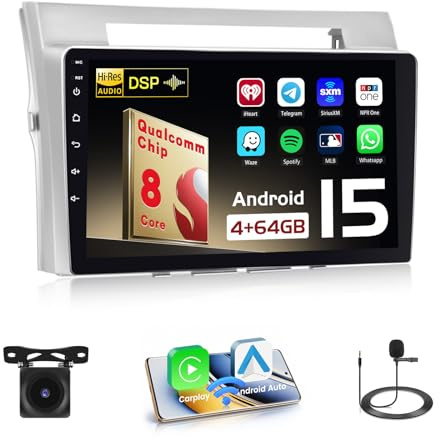 Hikity Qualcomm Snapdragon 8 Core 4+64G Android 15 Autoradio für Toyota Corolla Verso AR10 2004-2009 Wireless CarPlay Android Auto IPS Bildschrim 9 Zoll BT5.1/Heat Dissipation/GPS WiFi FM RDS SWC DSP