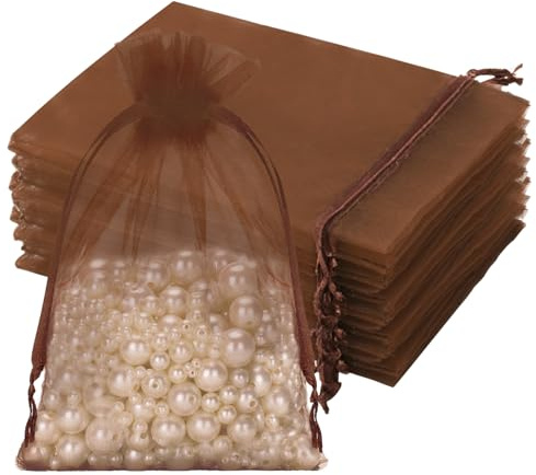jijAcraft Saquitos de organza grandes de color marrón oscuro, 13 x 18 cm: bolsa de organza con cordón para regalo, 50 bolsas de tul para joyas, bolsas de tul para rellenar granos de café, bombones de