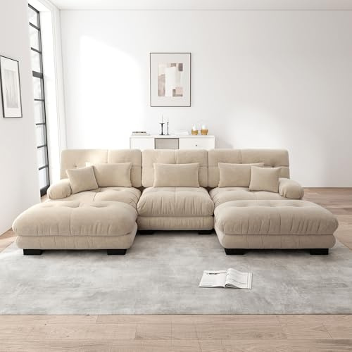Rvjiahe Lussuoso divano angolare modulare - Divano cloud a forma di U oversize per soggiorno, sedile profondo, divano letto trasformabile con pouf (marrone chiaro+3 posti)