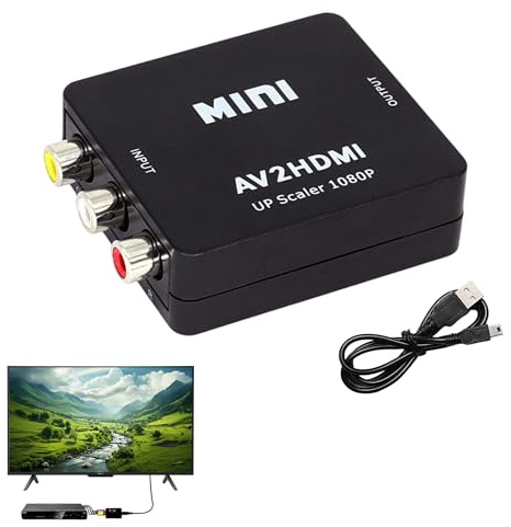 1Pcs RCA to HDMI Converter, 1080P AV to HDMI Converter with USB Power Cable, Composite CVBS AV to HDMI Video Audio Adapter for PS2/3 Wii Xbox N64 VHS VCR DVD PC TV Camera, Supporting PAL/NTSC