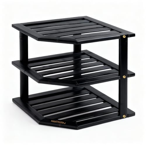 MantraRaj 3 Tier Bamboo Corner Shelf Rack Unit Kitchen Cupboard Storage Organiser Worktop Tidy Kitchen Plate Rack Space Saving Standing Storage Unit For Home, Living Room, Bathroom (Black)
