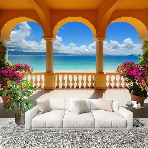 Sala de estar Fotomurales 250x175cm BalcóN De La Isla Tropical Tejido No Tejido Fotomurales Azul Mural Se aplica a Pared Panorámico Para Dormitorio TV Pared Murales Póster