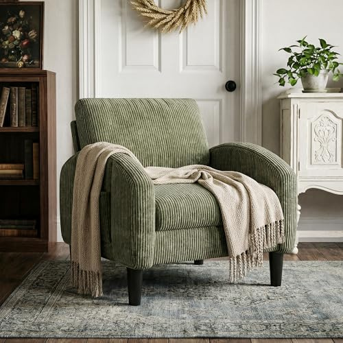 Homkdom Accent Chair for Living Room,Mid Century Modern Reading Chair for Bedroom,Comfy Armchair with 2 Side Pockets,Upholstered Single Sofa Side Chair for Apartment,Waiting Room,Green