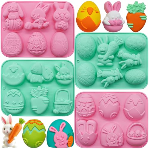 Easter Egg Moulds Silicone Mould for Chocolates and Cakes, Spring Easter Candy Molds 24 Patterns 3D Silicone Egg Rabbit Bunny Carrots Shaped for DIY