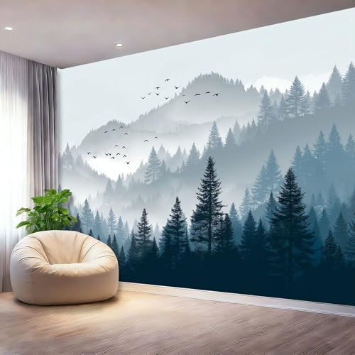 Papel Pintado Panorámico Naturaleza Montañas Pinares Nubes Y Niebla Fotomurales Murales de Pared Decoración Póster in Tejido No Tejido 3D Para Salón Dormitorio, 200 x 140 cm, Negro Grisáceo
