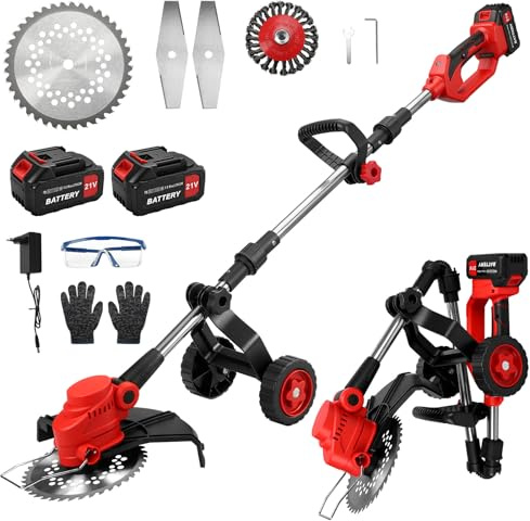 Debroussailleuse Electrique sans Fil 21V, Débroussailleuse à Batterie Brushless avec 2 Batteries de 4,0 Ah et Chargeur, 3 Types Lames, Roue, Débroussailleuse à Batterie pour Jardin Élagage