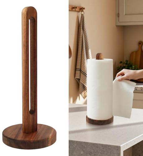 Wood Kitchen Roll Holder Free Standing – Acacia Wooden Paper Towel Holder Countertop with Non-Slip Base, 29cm Tall Farmhouse Organiser for Standard & Jumbo Rolls, Easy Assembly