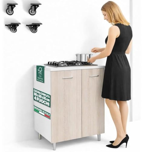 Shally Dogan Mobile Cucina Base 80 x 60 x 85 cm con Piano Cottura a gas 4 Fuochi, Piastre in Ghisa Resistenti, Montaggio con Piedini Fissi o Ruote, Kit completo monoblocco, Colore Olmo
