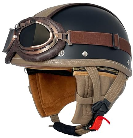 KKVGP Öppet ansikte MC-hjälmar Vintage motorcykelhalvhjälm med med glasögon DOTECE Godkänd Half Shell Cap Cruiser Chopper Moped skoterhjälm for vuxna män kvinnor