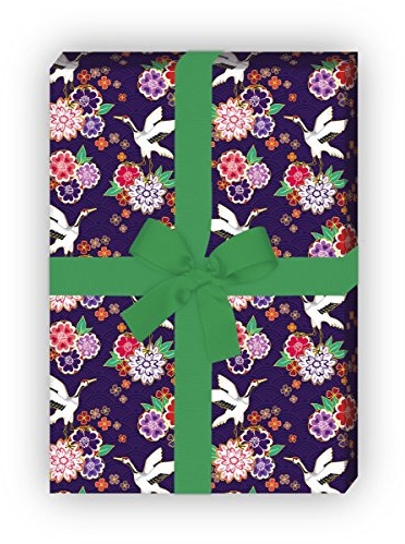 Kartenkaufrausch Blüten reiches Geschenkpapier Set 4 Bogen, Dekorpapier mit Kranichen im asiatischen Stil, blau, als edle Geschenkverpackung, Musterpapier zum basteln 32 x 48cm