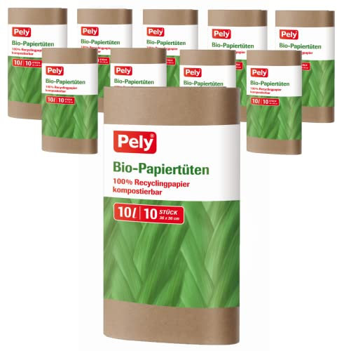 pely 100 Bio-Papiertüten PEL8747, Blauer Engel Zertifiziert, 10 Liter, 10 Stück je Packung. 10 Packungen im Karton