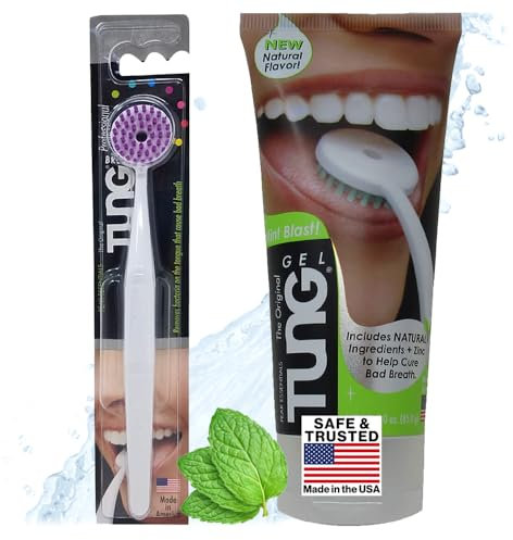 TUNG Tongue Cleaning Kit, TUNG Brush and Natural Mint Blast Gel, Bad Breath Odor Eliminator, Halitosis Defense, USA Made (Set of 1)