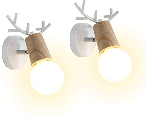 iDEGU 2 Stück Wandleuchten Innen Kreativer Wandlampe im Geweih-Design aus Holz und Metall Retro Verstellbare Wandleuchte für Schlafzimmer Wohnzimmer Flur Café Bar (Weiß)