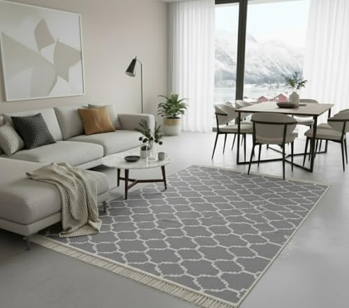 Jimri Teppich Läufer - Tepiche für Wohnzimmer, Schlafzimmer, Küche, Kinderzimmer, Badezimmer - Boho Kelim - Läufer Flur, Hellgrau-Weiß, Größe: 60x90 cm