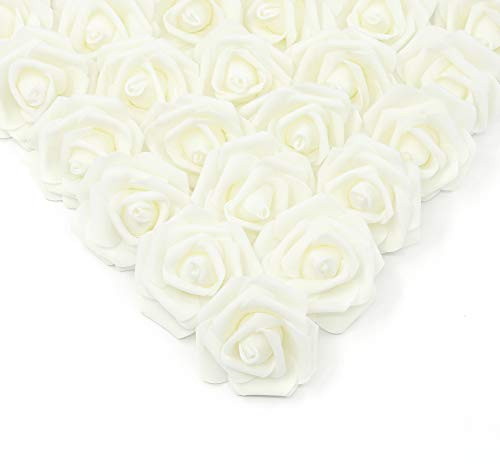 IPOPU Artificial Rose Flower Heads, 100 Pcs Real Looking Ivory White Foam Fake Roses for DIY Wedding Baby Shower Centerpieces Arrangements Party Tables Home Decorations (Ivory, Stemless)