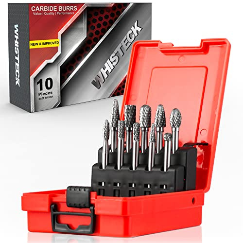 WHISTECK Carbide Burrs Set, 10 Pcs Double Cut Solid Tungsten Carbide Rotary Burr Set, 1/4 Inch Shank Die Grinder Bits, Rotary FileDie Grinder Metal Carving, Polishing, Engraving, Drilling (WT003)