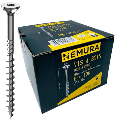 Nemura Lot de 150 Vis à Bois 6 x 100 mm - en Acier Zingué à Tête Fraisée - vis à bois Torx - Visses Spéciales pour Bois et Aggloméré- Haute Qualité Durable - Marque Francaise