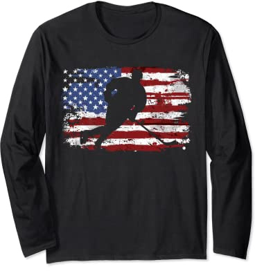 Ice Hockey Vintage American Flag Long Sleeve T-Shirt