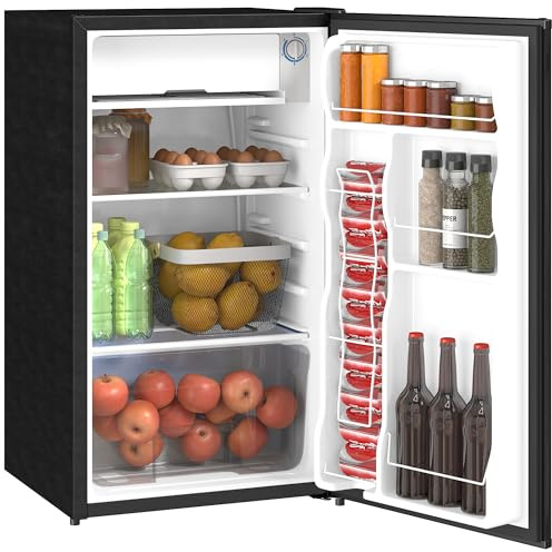 HOMCOM 3.2 Cu.Ft Mini Fridge with Freezer, Single Door Compact Refrigerator with Adjustable Thermostat, Shelf and Reversible Door for Bedroom, Dorm, Home Office, Energy Efficient, Black