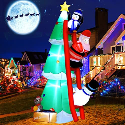 XXL Aufblasbarer Weihnachtsbaum mit süßem Pinguin, Weihnachtsmann, Schneemann und Kleiner Maus,Aufblasbare Weihnachtsdekoration für den Außenbereich mit LED-Beleuchtung 210cm