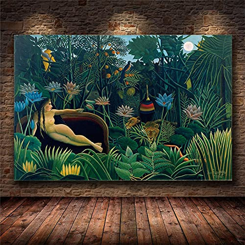 LINKGIN Home Henri Rousseau Art Dream von surrealistischen Künstler Leinwand Drucke Frau Tropische Regenwälder Tierbilder für Wohnkultur 30x45cm rahmenlos