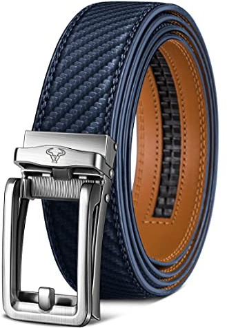 BULLIANT Cintura Uomo, Cintura Uomo Pelle Cricchetto Automatica Fibbia 35mm,Trim Regolabile per Adattars,Blu Navy3037,135cm/40-46vita regolabile
