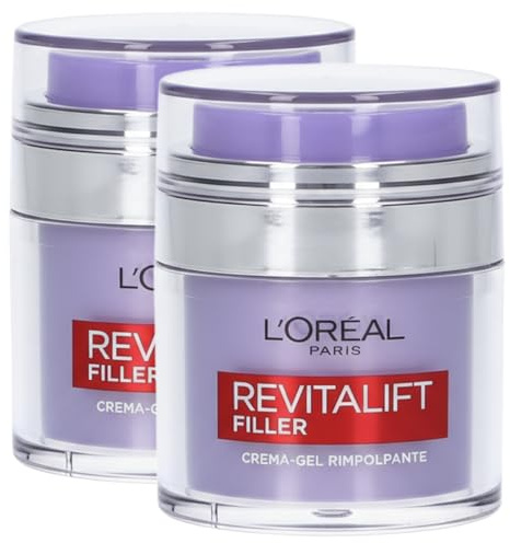 L'Oréal Paris Revitalift Filler Crema-Gel Rimpolpante Viso Nutriente e Idratante con Acido Ialuronico per Tutti i tipi di Pelle - 2 Barattoli da 50ml