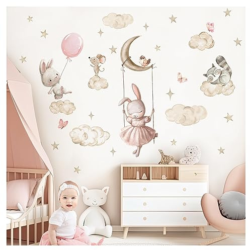 DEKO KINDERZIMMER Wandtattoo Hase Aquarell Wandsticker für Babyzimmer Tiere Luftballon Wandaufkleber Mädchen Kinderzimmer Wanddeko Spielzimmer DK1127-04