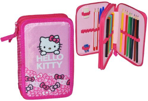 alles-meine.de GmbH 23 TLG. gefüllte Federmappe Helllo Kitty - doppelt - für Kinder Schiefermappe Schüleretui Federtasche Mädchen - Doppeldecker Kindergarten Schule