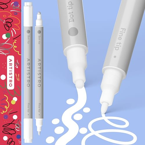 Artistro 2 White acrylic paint pens, paint marker with double tip (fine 1 mm + dot 5 mm), marker for fabric, canvas, stone and others