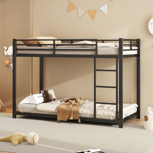 Merax Etagenbett Metall 90 × 200 cm, Stockbett Hochbett Metallbett Bettgestell mit Leiter und Zwei Lattenrost, Doppelstockbett mit Rausfallschutz, Jugendbett, für Schlafsaal & Wohnung, Schwarz