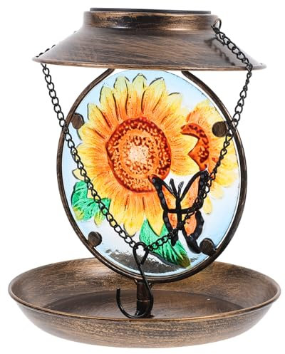 Happyyami Solar-Vogelhäuschen Flache Vogelfutterschalen Hinterhof-Gartendekoration Vogelfütterer dekoratives Vogelhäuschen hängend Tablett Deck Zubringer Sonnenblume Eisen