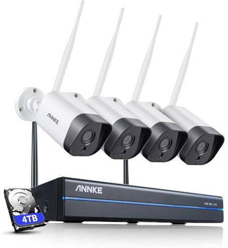 ANNKE 3MP Funk Überwachungskamera Set Aussen 10CH 5MP NVR mit 4 X 3MP Überwachungskameras Videoüberwachungs Set mit 4TB Festplatte unterstützt Audioaufzeichnung, IP66 Wetterfest, Kompatibel mit Alexa