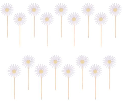 12Pcs Beautiful Daisy Flower Cake Toppers Party Accessories Daisy Flower Cupcake Picks Baby Shower Glitter Daisy Cupcake Toppers for Birthday Cupcake Decorations