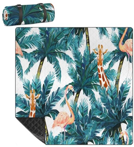 Mularoka Picknickdecke, Motiv: Palme, Giraffe, Flamingo, wasserdicht, sanddicht, faltbar, Stranddecke, 200,7 x 200,7 cm, extra groß, tragbar, waschbar, Outdoor-Matte für Camping, Park, Gras, Wandern,