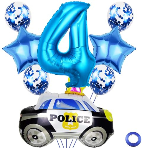 Kawailay 4 Jahr Polizei Geburtstag Luftballons 4. Polizei Geburtstag Deko Polizist 4. Geburtstag Deko Ballons Polizeiauto Folienballon Blau Zahl 4 Luftballon für Junge Geburtstag Party
