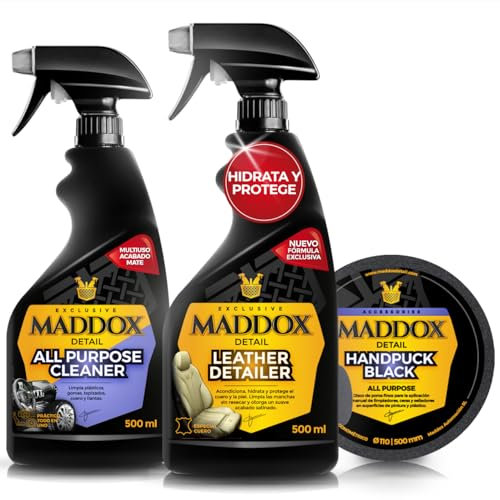 Maddox Detail - Set Completo de Detailing para Autos | Cuidado Superior para Interior y Exterior | Incluye 1 Leather Detailer 500 ml, 1 Handpuck Black y 1 All Purpose Cleaner 500 ml