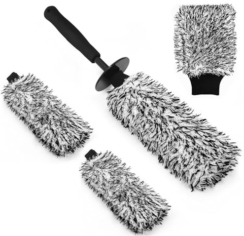 YeewayVeh Car Wheel Cleaning Kit - Microfiber Rim Brush with 2 Replaceable Wheel Cleaner Brush Covers, Truck Camper SUV Fenders Exhaust Tips Car Washing Kit