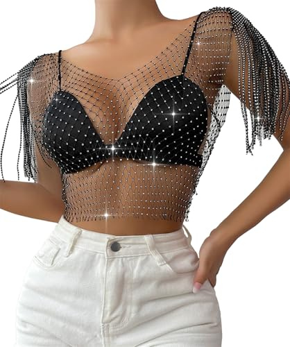 FEOYA paljetter nättopp kristall crop top glänsande fisknät cover up transparent glitter topp för nattklubb fest festival, svart, M