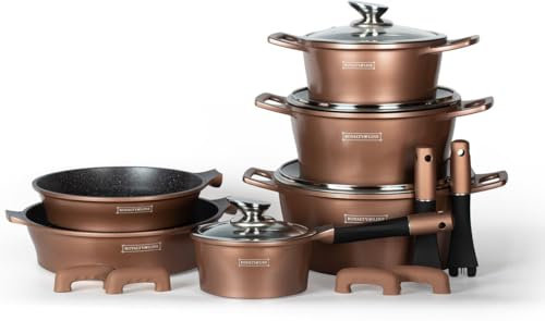 Royalty line Lot Casseroles et Poêles, 14 pièces, revêtement en marbren, Induction, Sans PFAS, Pour toutes les sources de chaleur (Noir) (cuivre)
