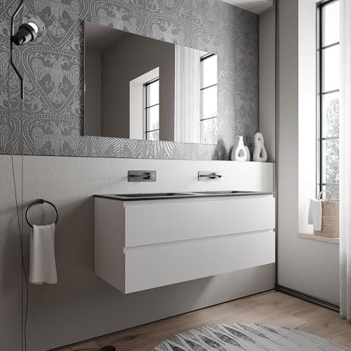 Bernstein Badmöbel-Set AVA 120cm bestehend aus Mineralguss-Doppel-Waschbecken mit Unterschrank in Weiß matt, Waschtisch Cream - Schwarz matt ohne Hahnloch, Ideal für große Bäder