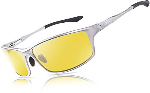 Bircenpro Occhiali da visione notturna per guida, montatura HD Al-Mg, occhiali per visione notturna per uomini e donne, Telaio in argento, L